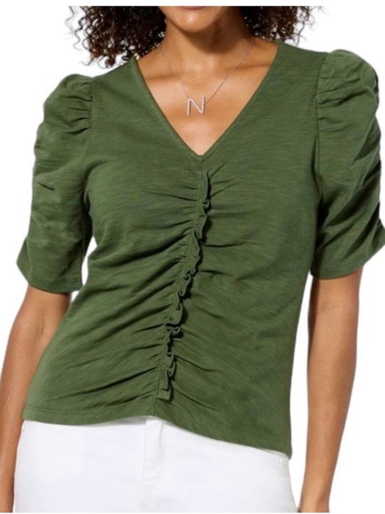 Democracy Tops - Democracy Olive Green Ruched V-Neck Puff Sleeve Top
